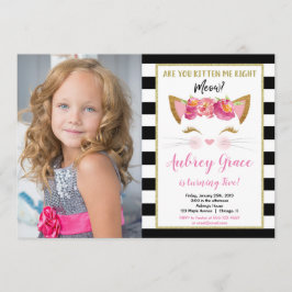Invitación Foto de cumpleaños del gatito blanco negro de oro