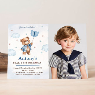 Invitación Foto de cumpleaños del niño con osito de peluche a