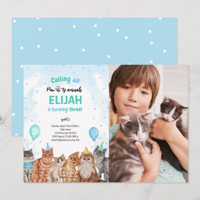 Invitación Foto de cumpleaños del niño de Cat Pawty Animals (Anverso / Reverso)