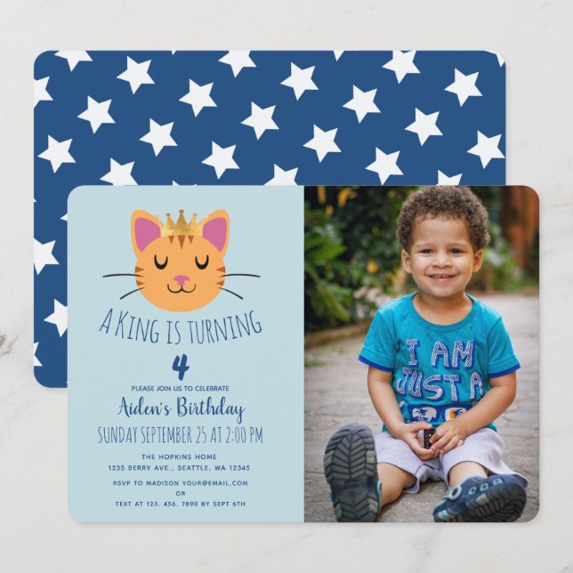 Invitación Foto de cumpleaños del niño de King Kitty (Anverso / Reverso)
