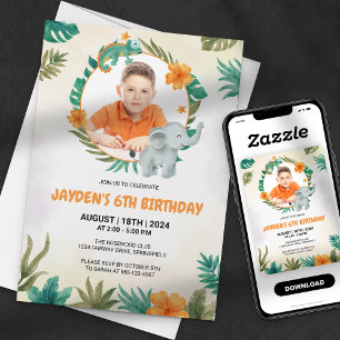 Invitación Foto de Cumpleaños del Niño Elefante de la Jungla 