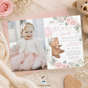 Invitación Foto de cumpleaños del oso de peluche rosa Beary S