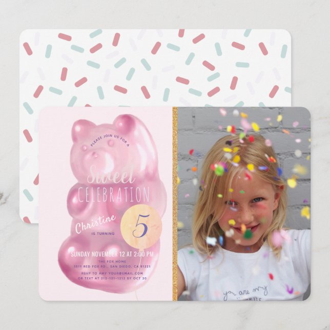 Invitación Foto de cumpleaños del oso dulce de goma rosa (Anverso / Reverso)