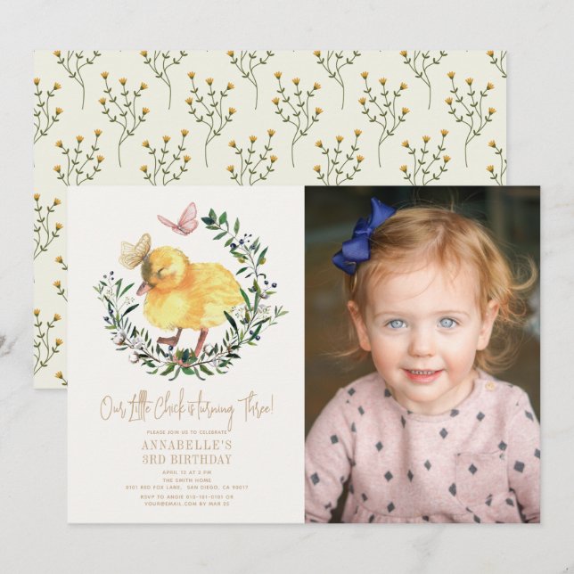 Invitación Foto de cumpleaños del pequeño Chica de polluelos  (Anverso / Reverso)