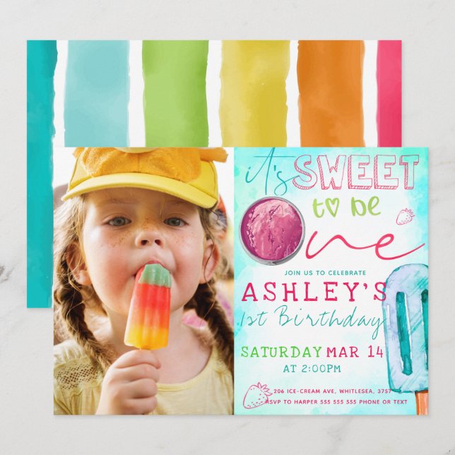 Invitación Foto de cumpleaños del primer Fiesta de helado (Anverso / Reverso)