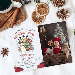 Invitación Foto de cumpleaños del retro Boho Snowman Christma