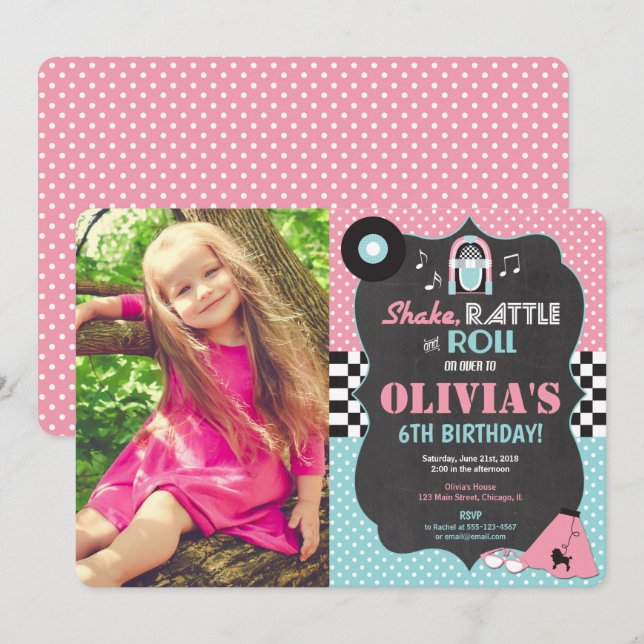 Invitación Foto de cumpleaños del Rollo de Rock Sock Hop de l (Anverso / Reverso)