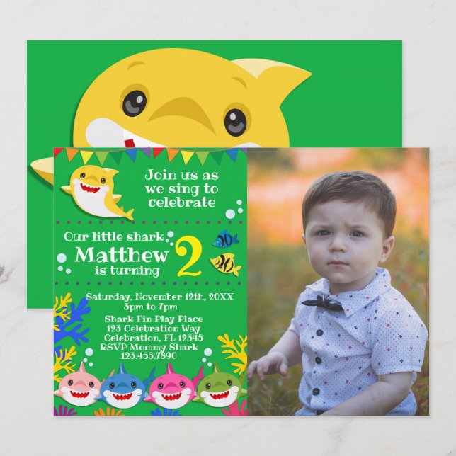 Invitación Foto de cumpleaños del tiburón arcoiris amarillo p (Anverso / Reverso)