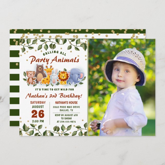 Invitación Foto de cumpleaños del zoológico Fiesta Greenery d (Anverso / Reverso)