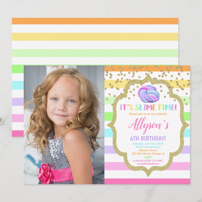 Invitación Foto de cumpleaños delgada chica arcoíris pastel (Anverso / Reverso)