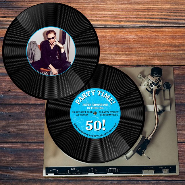 Invitación Foto de cumpleaños emblemático con disco de vinilo (Retro Vinyl Record Music Milestone Birthday Photo Invitation)