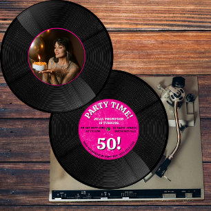 Invitación Foto de cumpleaños emblemático con disco de vinilo