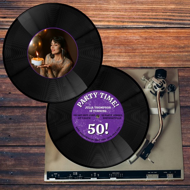 Invitación Foto de cumpleaños emblemático con disco de vinilo (Retro Vinyl Record Music Milestone Birthday Photo Invitation)