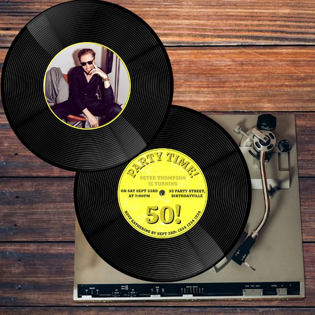 Invitación Foto de cumpleaños emblemático con disco de vinilo (Retro Vinyl Record Music Milestone Birthday Photo Invitation)