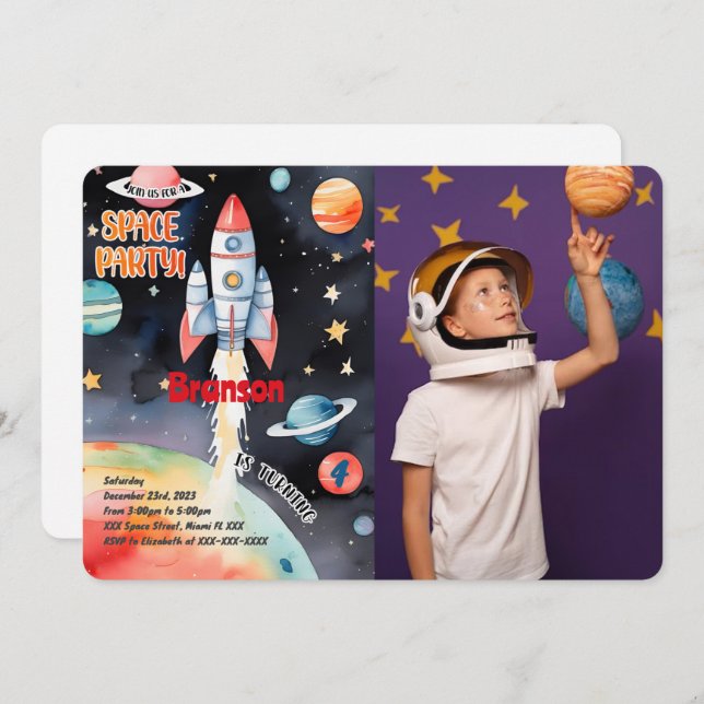 Invitación Foto de cumpleaños en el espacio exterior (Anverso / Reverso)