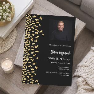 Invitación Foto de cumpleaños en negro y oro de lujo