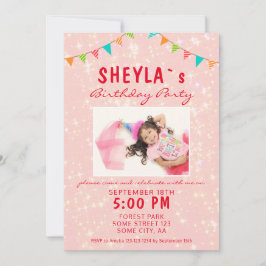 Invitación Foto de Cumpleaños Femenina con Brillo Rosa Adorab