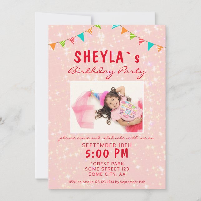 Invitación Foto de Cumpleaños Femenina con Brillo Rosa Adorab (Anverso)