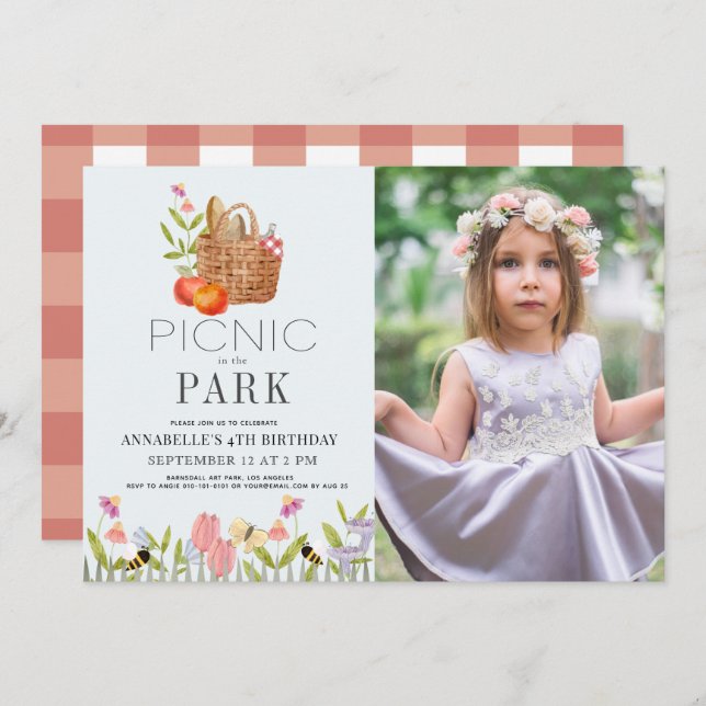 Invitación Foto de cumpleaños floral de Park Basket en Picnic (Anverso / Reverso)
