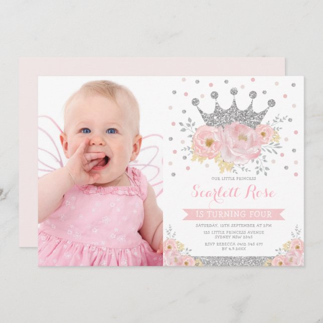 Invitación Foto de cumpleaños floral de Rubor de la princesa  (Anverso / Reverso)