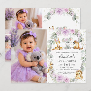 Invitación Foto de cumpleaños floral púrpura de animales aust