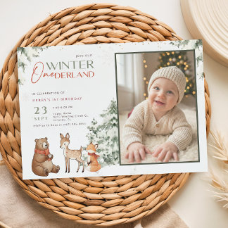 Invitación Foto de cumpleaños infantil de Animal Winter Onede