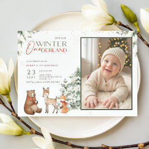 Invitación Foto de cumpleaños infantil de Animal Winter Onede