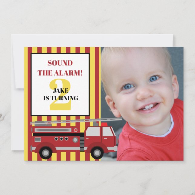 Invitación Foto de cumpleaños infantil de camión de bomberos  (Anverso)
