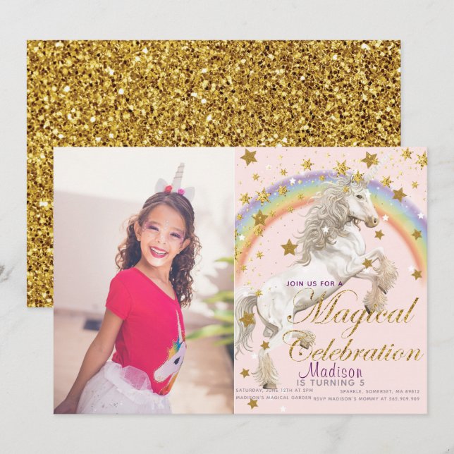 Invitación Foto de cumpleaños mágica de Fiesta de Ilustracion (Anverso / Reverso)