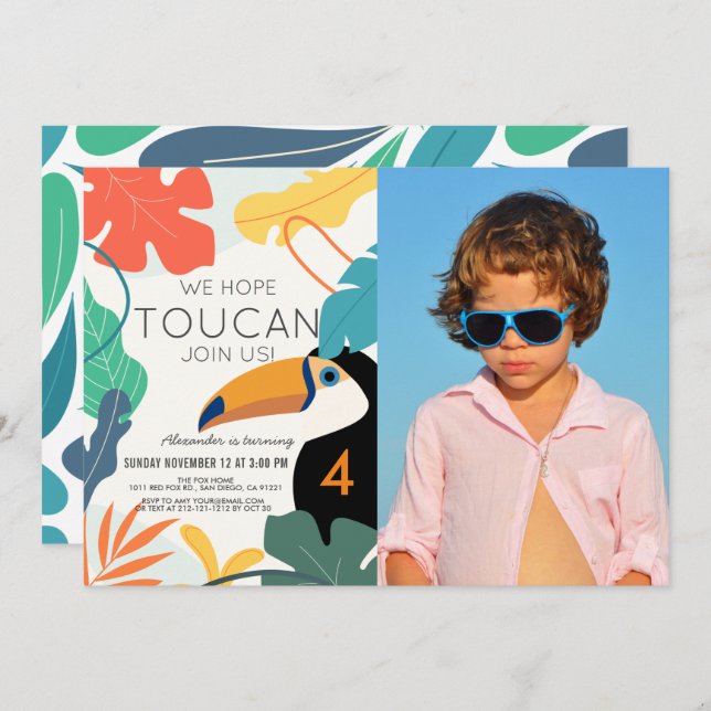 Invitación Foto de cumpleaños moderna de la Hoja Tropical Tur (Anverso / Reverso)