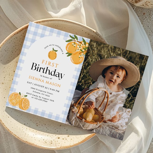 Invitación Foto de cumpleaños naranja Gingham Citrus 1er cump (Subido por el creador)