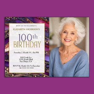 Invitación Foto de cumpleaños número 100 con estrato de joyas