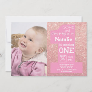Invitación Foto de cumpleaños número 1 con brillo dorado rosa