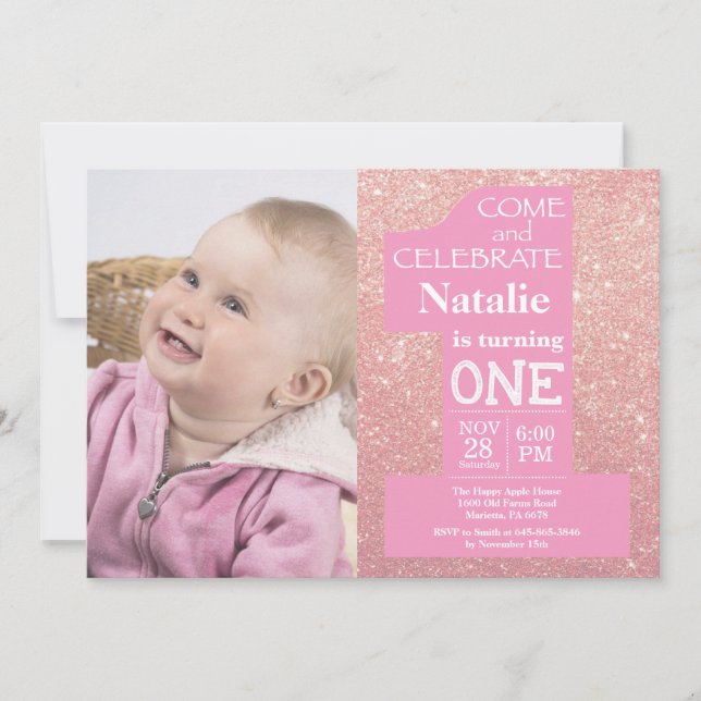 Invitación Foto de cumpleaños número 1 con brillo dorado rosa (Anverso)