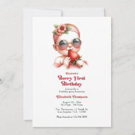Invitación Foto de Cumpleaños Número 1 de Fresa de Cuadros Gi