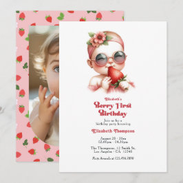Invitación Foto de Cumpleaños Número 1 de Fresa de Cuadros Gi