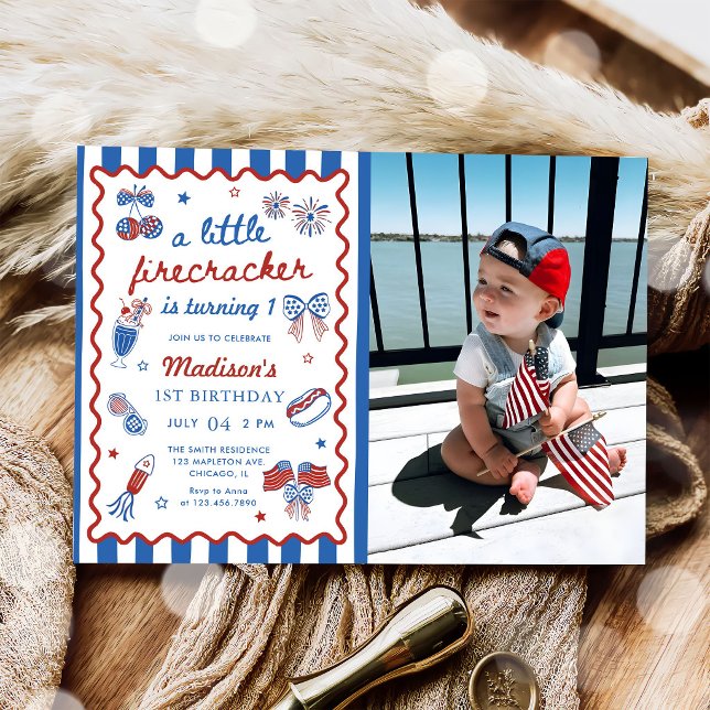 Invitación Foto de cumpleaños número 1 de Little Firecracker  (Subido por el creador)