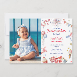 Invitación Foto de cumpleaños número 1 de Little Firecracker 