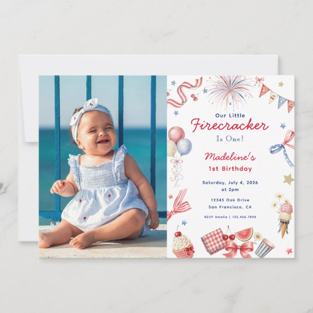 Invitación Foto de cumpleaños número 1 de Little Firecracker  (Anverso)