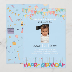 Invitación Foto de cumpleaños número 1 en azul claro, Gran Un