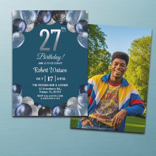 Invitación Foto de cumpleaños número 27 con brillo azul elega