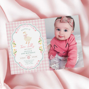 Invitación Foto de cumpleaños número 2 de niña con lazo rosa 