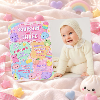 Invitación Foto de cumpleaños número 3 de Rainbow Groovy Squi