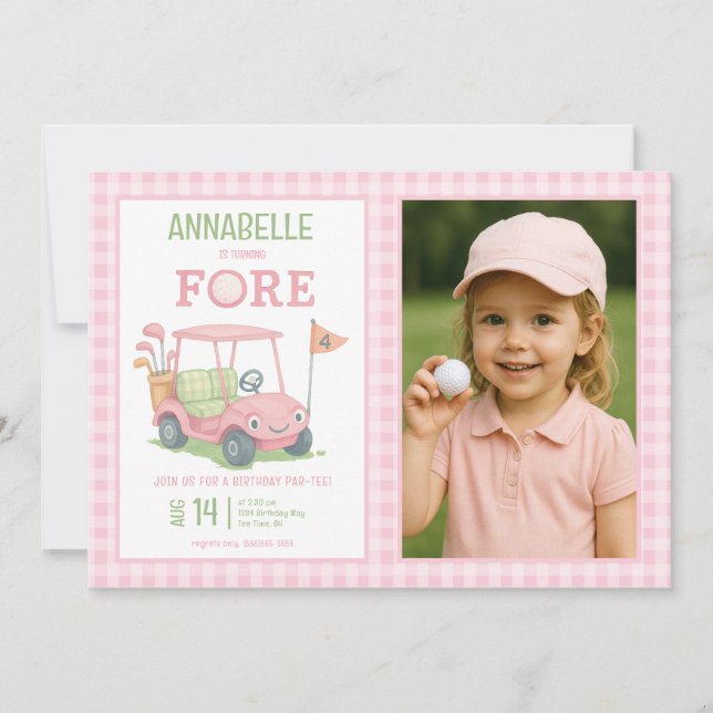 Invitación Foto de cumpleaños número 4 de golf rosa (Anverso)