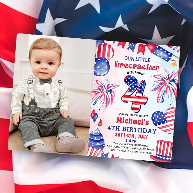 Invitación Foto de cumpleaños número 4 Little Firecracker 4 d (Subido por el creador)