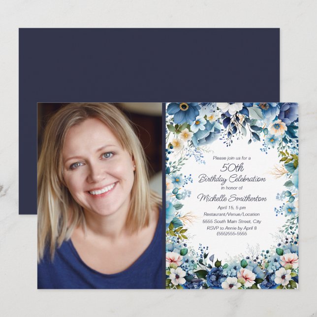 Invitación Foto de cumpleaños número 50 Navy Dusty Blue Flora (Anverso / Reverso)