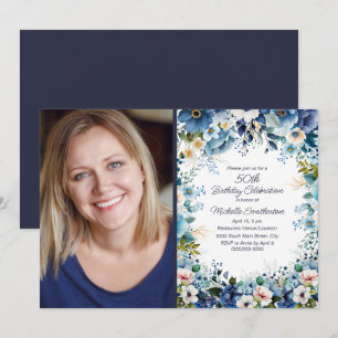 Invitación Foto de cumpleaños número 50 Navy Dusty Blue Flora