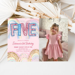 Invitación Foto de cumpleaños número 5 con lentejuelas de pur