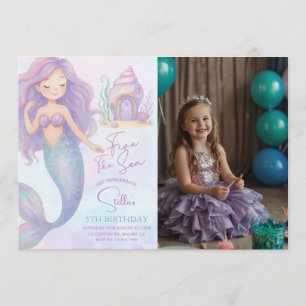 Invitación Foto de cumpleaños número 5 de sirena morada bajo