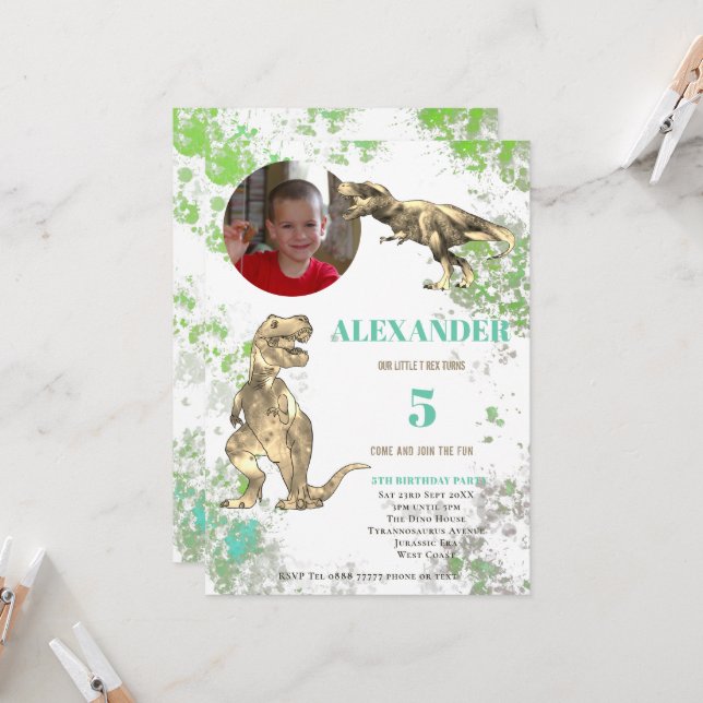 Invitación Foto de cumpleaños número 5 del dinosaurio T rex (Anverso/Reverso In Situ)